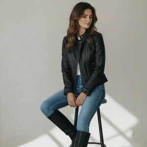 J.Crew Genuine Leather Moto Jacket Black Full Zip Biker Coat Size S